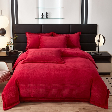 绣女坊 2024新款雕花绒-大麦四件套 大麦-大红色