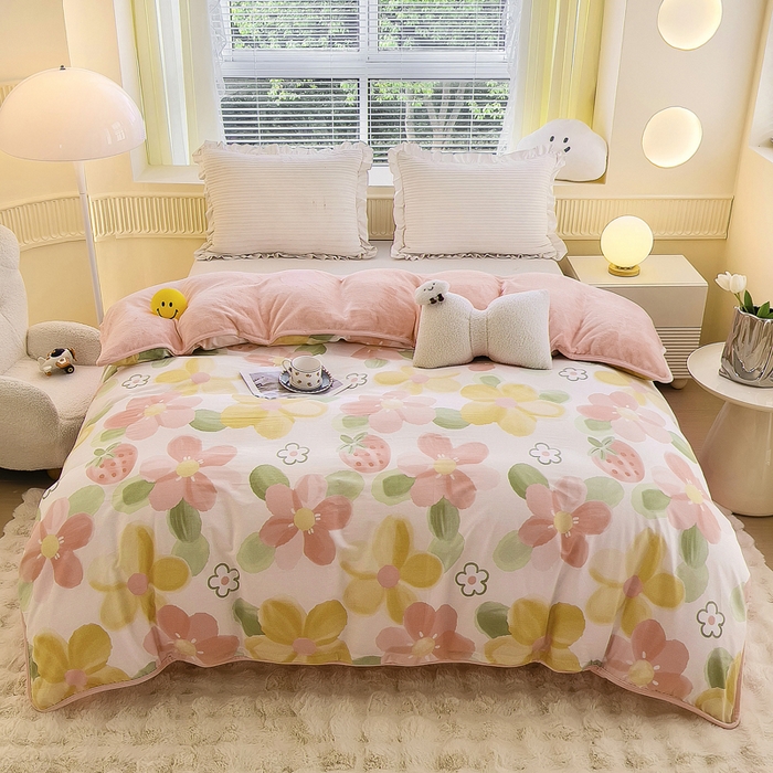 91家纺网 家纺一手货源 找家纺 2024新款全棉加牛奶绒四件套单被套系列-单被套 恋恋花语