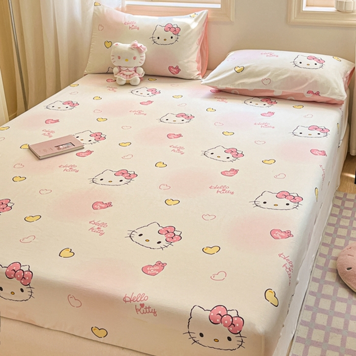 91家纺网 家纺一手货源 找家纺 博雅 2024新款三丽鸥卡通系列全棉印花床笠 彩色KT