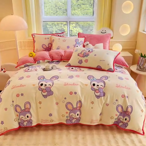 91家纺网 家纺一手货源 找家纺 2024新款全棉加牛奶绒四件套单被套系列-四件套 兔宝贝