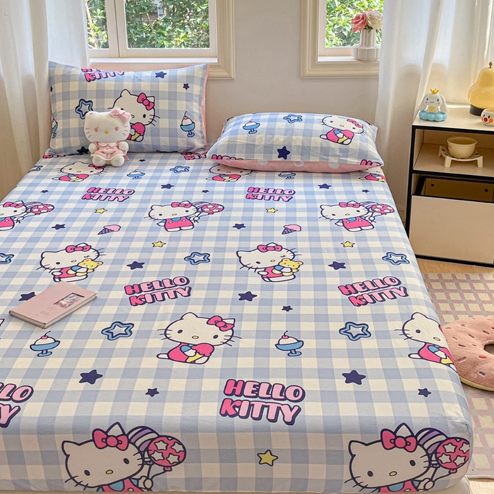 91家纺网 家纺一手货源 找家纺 博雅 2024新款三丽鸥卡通系列全棉印花床笠 气球KT