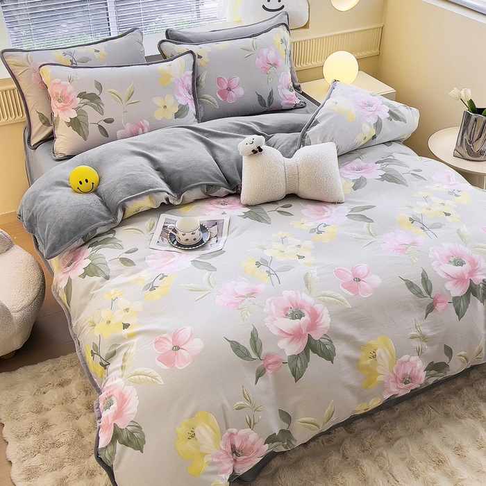 91家纺网 家纺一手货源 找家纺 2024新款全棉加牛奶绒四件套单被套系列-四件套 静谧花园