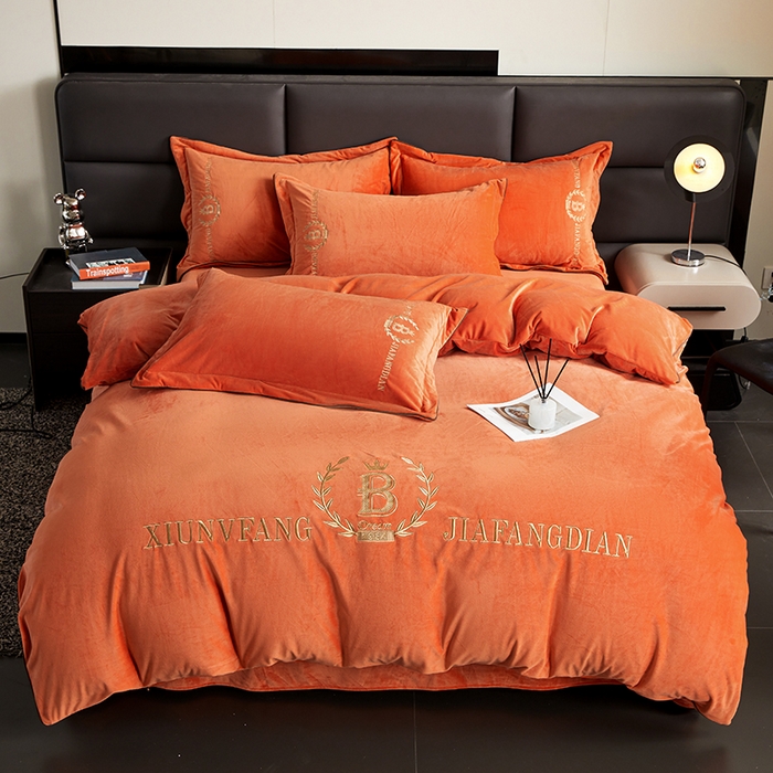 91家纺网 家纺一手货源 找家纺 绣女坊 2024新款高克重宝宝绒四件套 眷恋-橘色