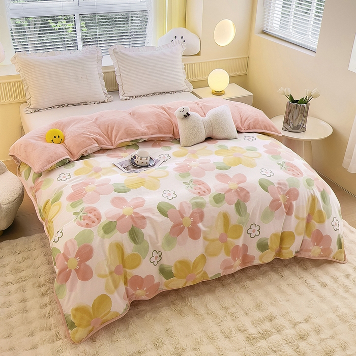 91家纺网 家纺一手货源 找家纺 2024新款全棉加牛奶绒四件套单被套系列-单被套 恋恋花语