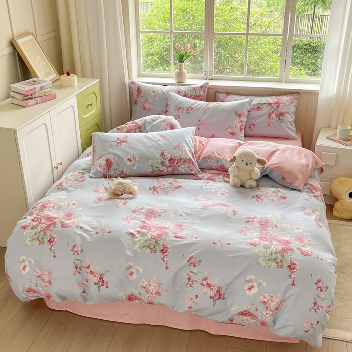 91家纺网 家纺一手货源 找家纺 琪格格纺织 2024新款纯棉13070小清新四件套 花漫晨-粉