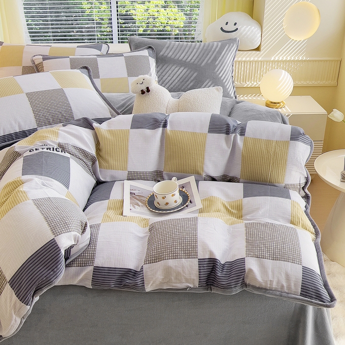 91家纺网 家纺一手货源 找家纺 2024新款全棉加牛奶绒四件套单被套系列-四件套 塞纳风尚