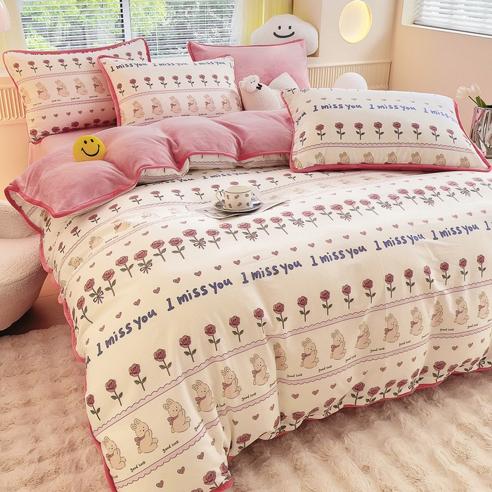 91家纺网 家纺一手货源 找家纺 2024新款全棉加牛奶绒四件套单被套系列-四件套 情缘