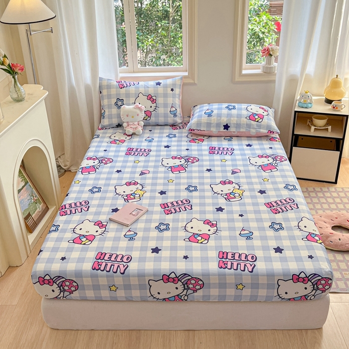 91家纺网 家纺一手货源 找家纺 博雅 2024新款三丽鸥卡通系列全棉印花床笠 气球KT