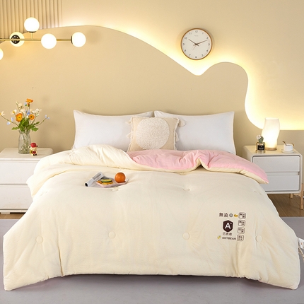 2024新款泡泡棉冬被原棉提花大豆被 泡泡棉  米黄拼粉