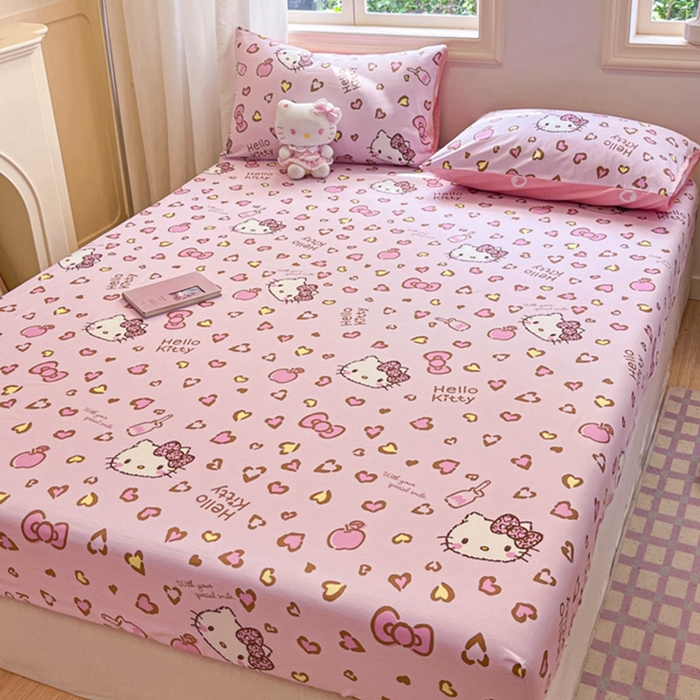 91家纺网 家纺一手货源 找家纺 博雅 2024新款三丽鸥卡通系列全棉印花床笠 心心KT