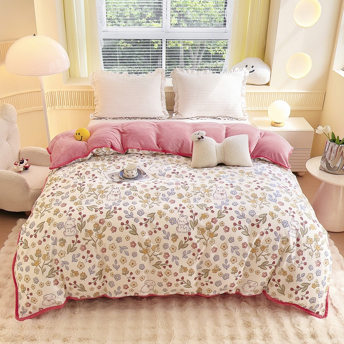 91家纺网 家纺一手货源 找家纺 2024新款全棉加牛奶绒四件套单被套系列-单被套 花语小兔