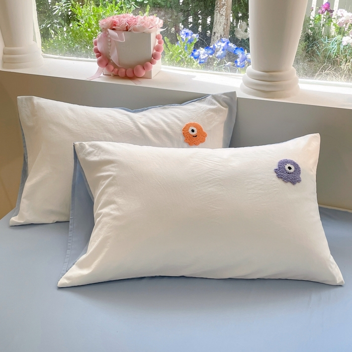 91家纺网 家纺一手货源 找家纺 葡萄家 2024新款毛巾绣水洗云朵棉萌系小怪兽四件套 小怪兽-白蓝