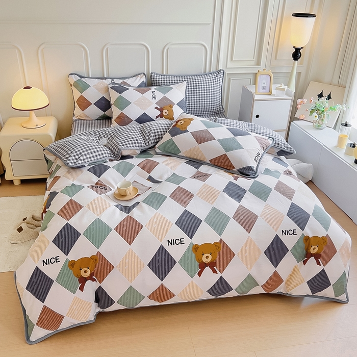 91家纺网 家纺一手货源 找家纺 2024新款全棉加牛奶绒四件套单被套系列-四件套 幸运熊