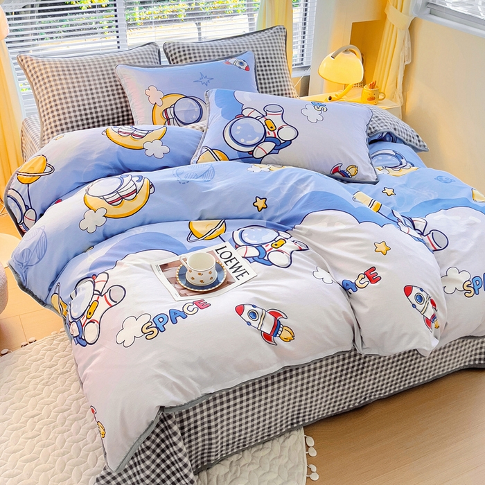 91家纺网 家纺一手货源 找家纺 2024新款全棉加牛奶绒四件套单被套系列-四件套 漫步太空