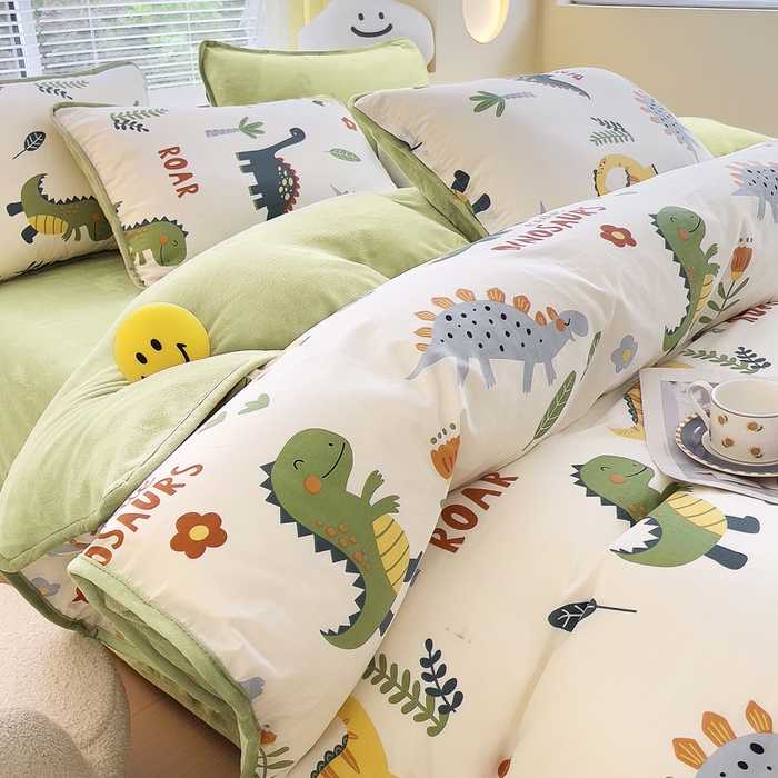 91家纺网 家纺一手货源 找家纺 2024新款全棉加牛奶绒四件套单被套系列-四件套 恐龙谷