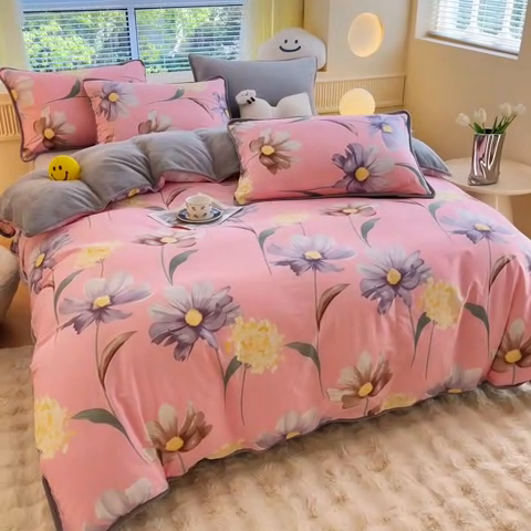 91家纺网 家纺一手货源 找家纺 2024新款全棉加牛奶绒四件套单被套系列-四件套 慕雅