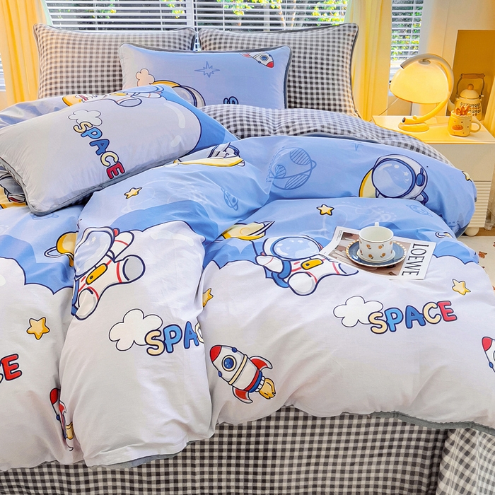 91家纺网 家纺一手货源 找家纺 2024新款全棉加牛奶绒四件套单被套系列-四件套 漫步太空