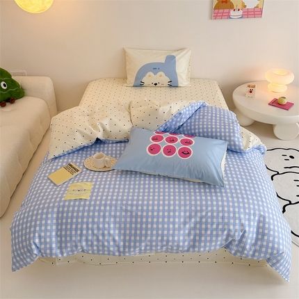 珺柔家纺 2024新款全棉40支贴画数码印花枕套四件套 电话小猫