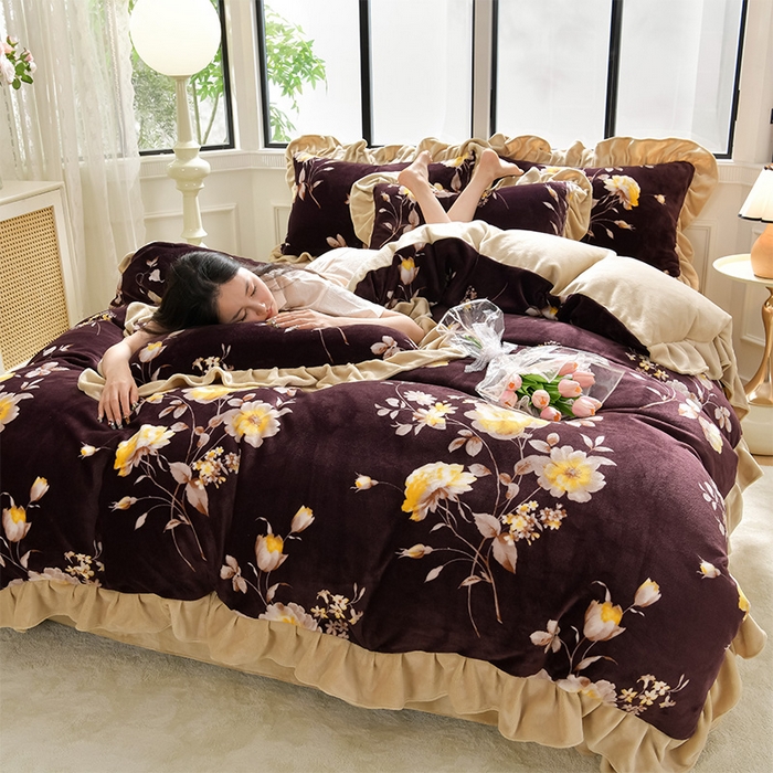 91家纺网 家纺一手货源 找家纺 妮恒美 2024新款韩版牛奶绒四件套 花韵