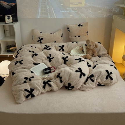 2024新款A类加厚色纱舒舒绒提花蝴蝶结爱心少女舒棉绒牛奶绒系列四件套 舒棉绒提花-奶咖蝴蝶结