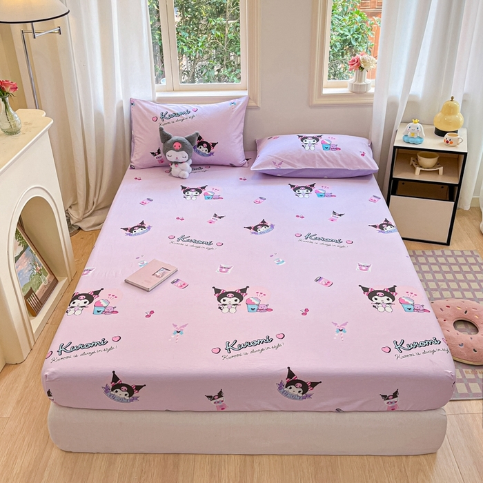 91家纺网 家纺一手货源 找家纺 博雅 2024新款三丽鸥卡通系列全棉印花床笠 库洛米爆米花可乐