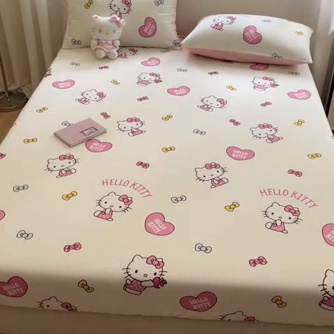 91家纺网 家纺一手货源 找家纺 博雅 2024新款三丽鸥卡通系列全棉印花床笠 蝴蝶结KT