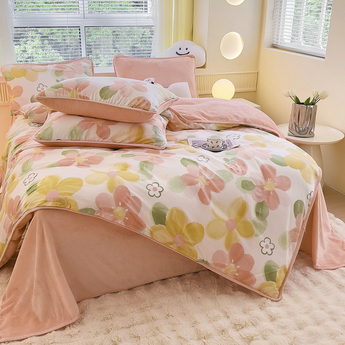 91家纺网 家纺一手货源 找家纺 2024新款全棉加牛奶绒四件套单被套系列-四件套 恋恋花语