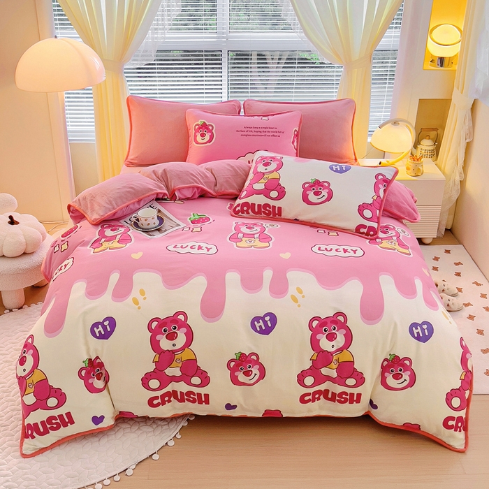 91家纺网 家纺一手货源 找家纺 2024新款全棉加牛奶绒四件套单被套系列-四件套 草莓甜心