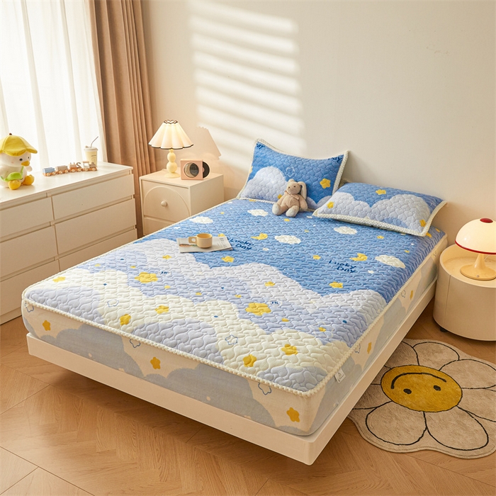 91家纺网 家纺一手货源 找家纺 兄弟坊 2024新款牛奶绒印花床护垫床笠 床垫保护套 云朵-床笠款