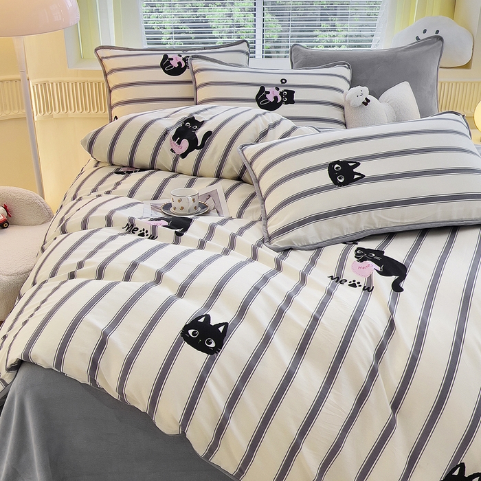 91家纺网 家纺一手货源 找家纺 2024新款全棉加牛奶绒四件套单被套系列-四件套 俏皮猫