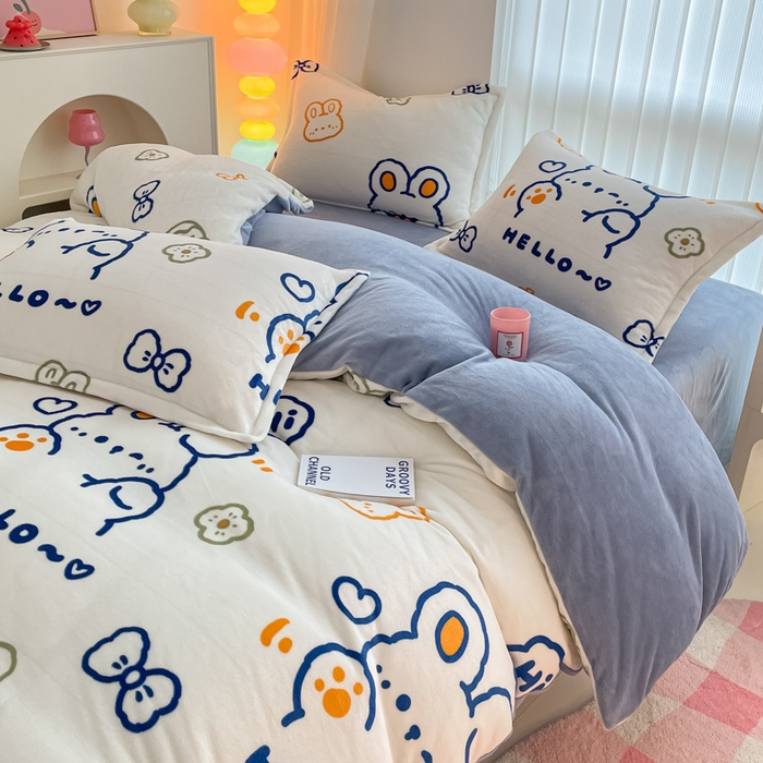 91家纺网 家纺一手货源 找家纺 莱米家纺 2024新款7斤重牛奶绒卡通小版四件套系列 吉祥兔