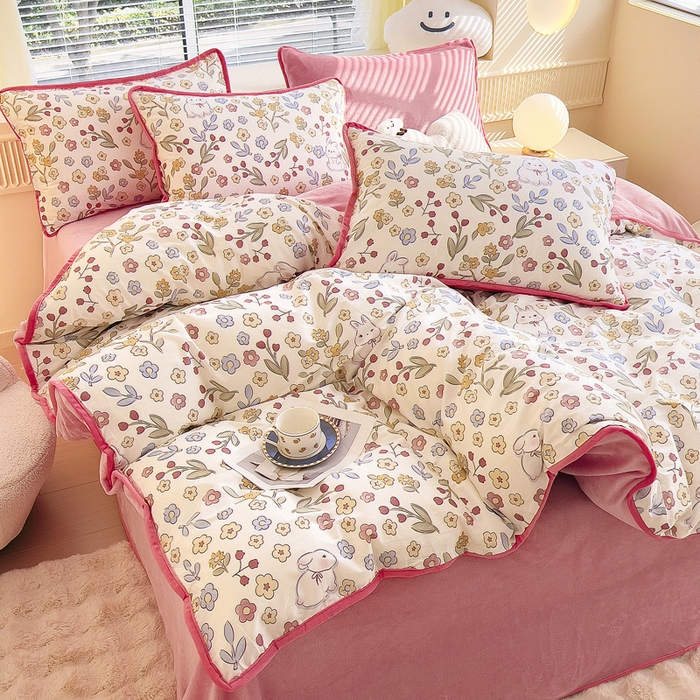 91家纺网 家纺一手货源 找家纺 2024新款全棉加牛奶绒四件套单被套系列-四件套 花语小兔