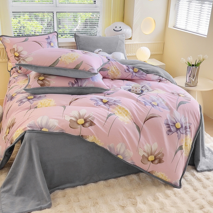 91家纺网 家纺一手货源 找家纺 2024新款全棉加牛奶绒四件套单被套系列-四件套 慕雅