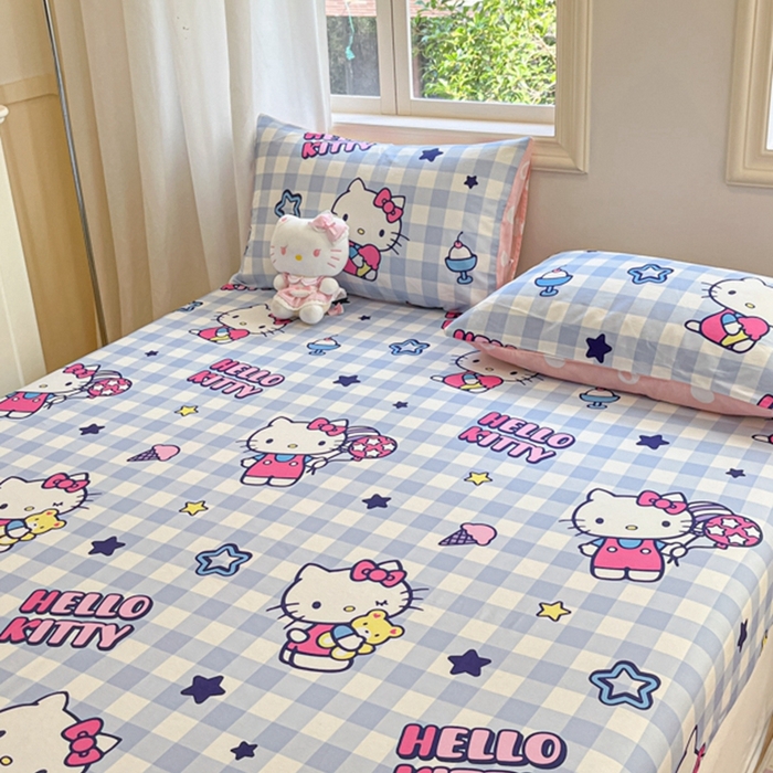 91家纺网 家纺一手货源 找家纺 博雅 2024新款三丽鸥卡通系列全棉印花床笠 气球KT