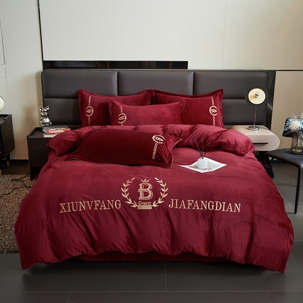 91家纺网 家纺一手货源 找家纺 绣女坊 2024新款高克重宝宝绒四件套 眷恋-酒红色