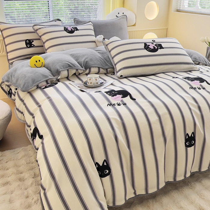 91家纺网 家纺一手货源 找家纺 2024新款全棉加牛奶绒四件套单被套系列-四件套 俏皮猫