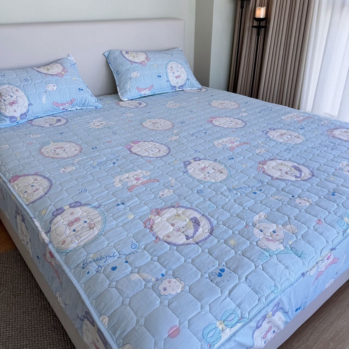 91家纺网 家纺一手货源 找家纺 兜米家居 2024新款云朵水洗纱夹棉单品床笠 蓝桂狗