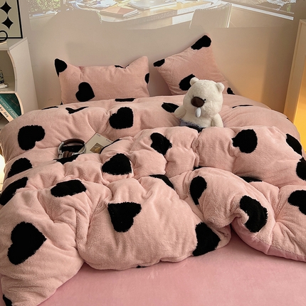 2024新款A类加厚色纱舒舒绒提花蝴蝶结爱心少女舒棉绒牛奶绒系列四件套 舒棉绒提花-粉色爱心