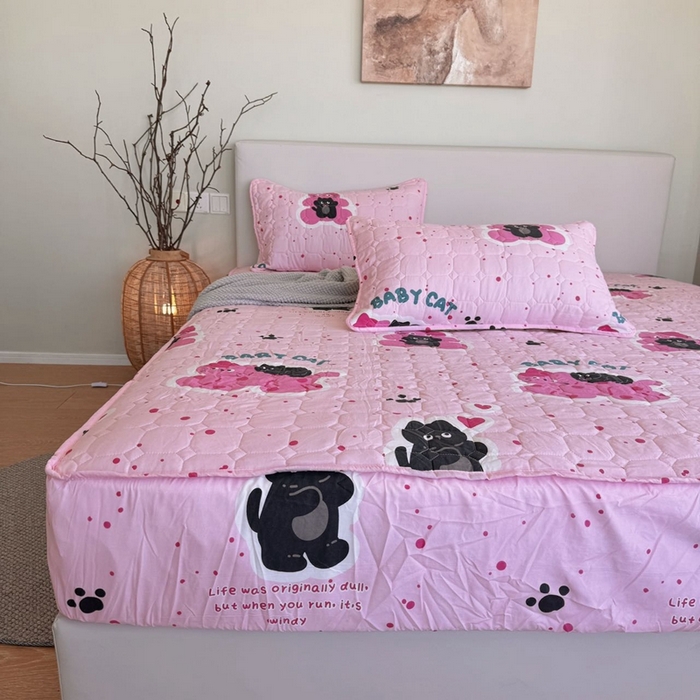 91家纺网 家纺一手货源 找家纺 兜米家居 2024新款云朵水洗纱夹棉单品床笠 小猫咪