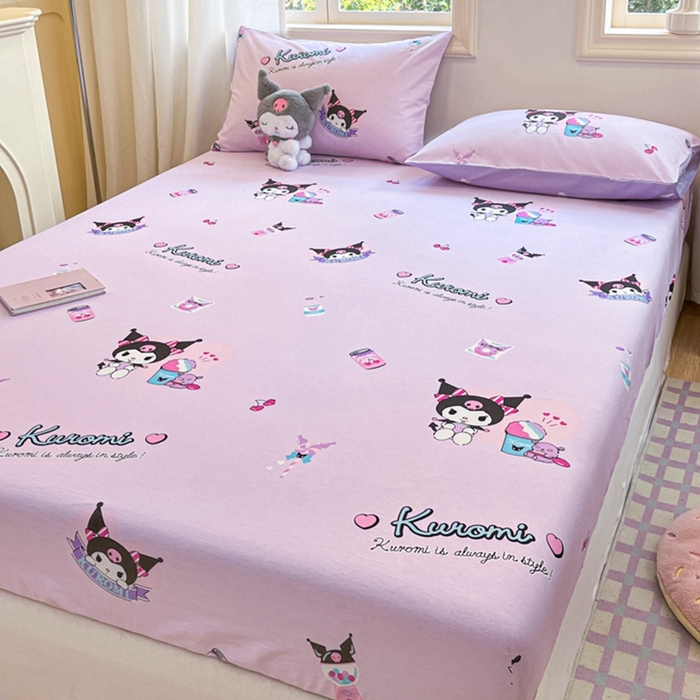 91家纺网 家纺一手货源 找家纺 博雅 2024新款三丽鸥卡通系列全棉印花床笠 库洛米爆米花可乐