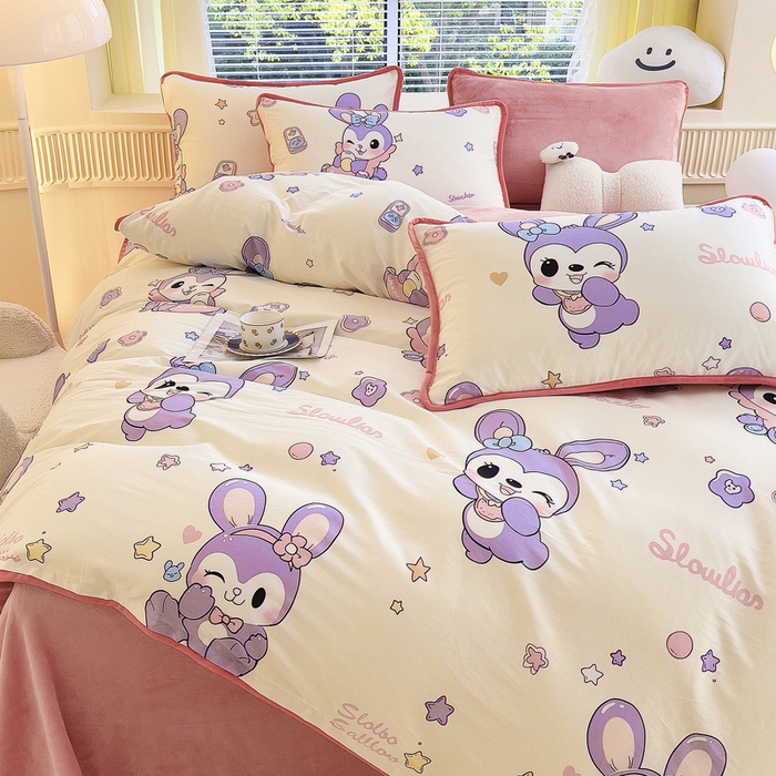 91家纺网 家纺一手货源 找家纺 2024新款全棉加牛奶绒四件套单被套系列-四件套 兔宝贝