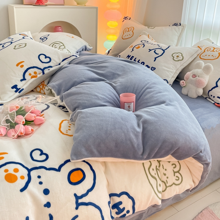 91家纺网 家纺一手货源 找家纺 莱米家纺 2024新款7斤重牛奶绒卡通小版四件套系列 吉祥兔