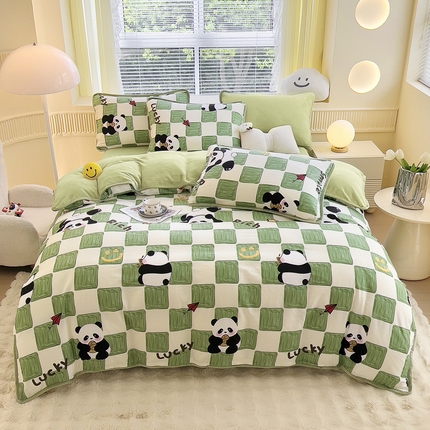 2024新款全棉加牛奶绒四件套单被套系列-四件套 緑格熊猫