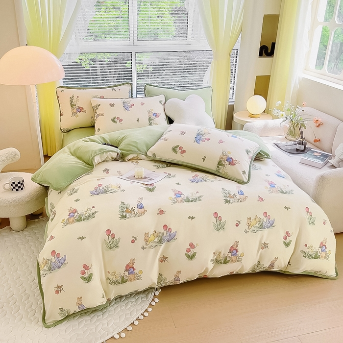 91家纺网 家纺一手货源 找家纺 2024新款全棉加牛奶绒四件套单被套系列-四件套 蘑菇屋