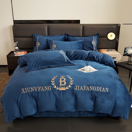 绣女坊 2024新款高克重宝宝绒四件套 眷恋-蓝色