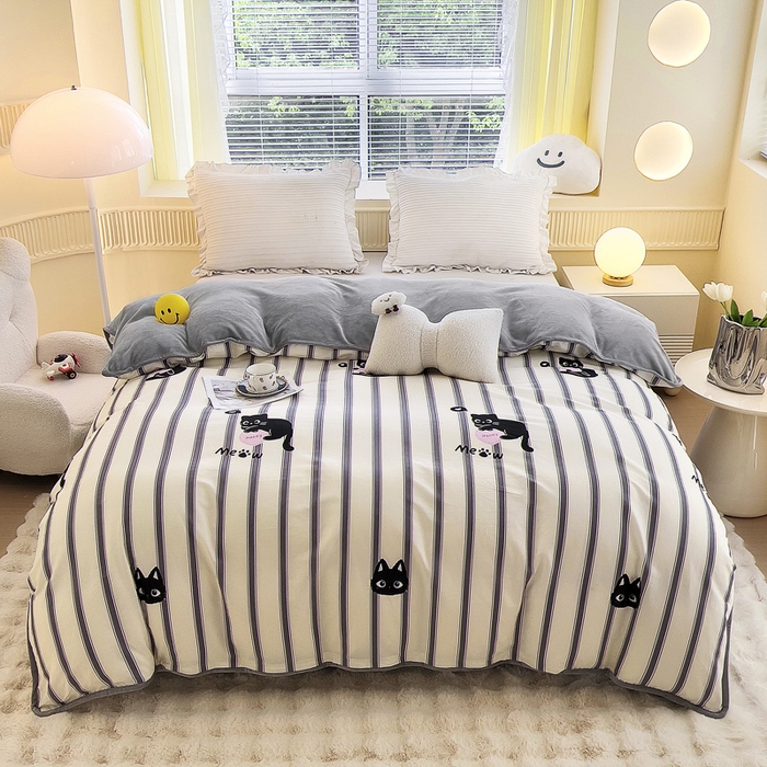 91家纺网 家纺一手货源 找家纺 2024新款全棉加牛奶绒四件套单被套系列-单被套 俏皮猫