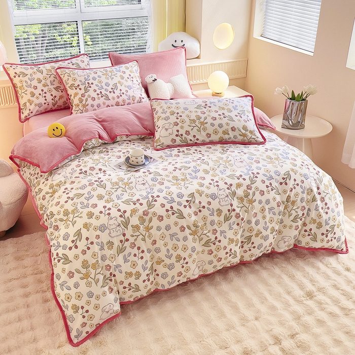 91家纺网 家纺一手货源 找家纺 2024新款全棉加牛奶绒四件套单被套系列-四件套 花语小兔