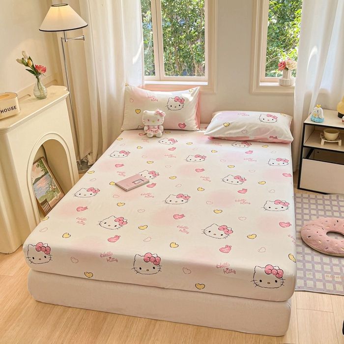 91家纺网 家纺一手货源 找家纺 博雅 2024新款三丽鸥卡通系列全棉印花床笠 彩色KT