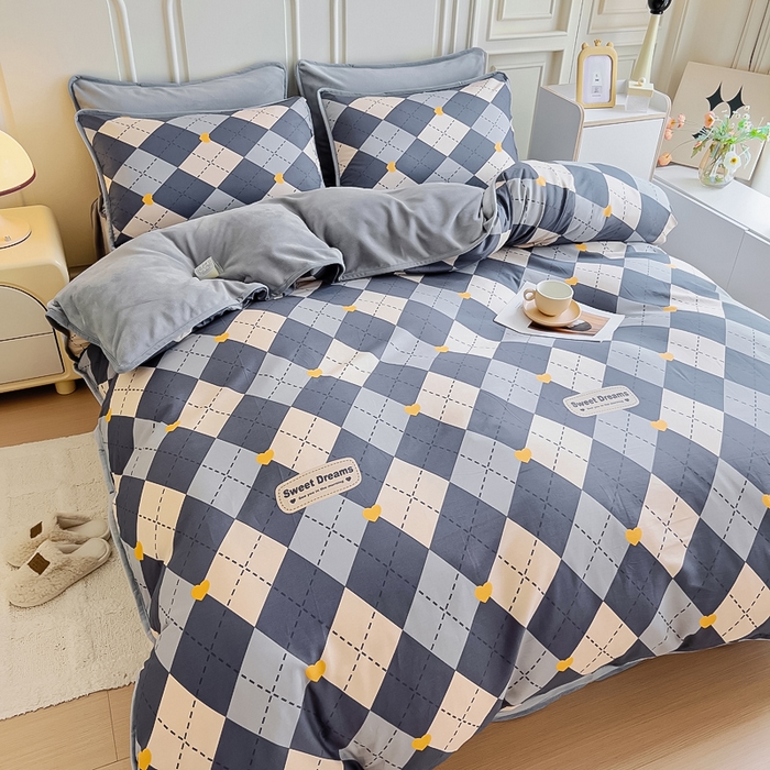 91家纺网 家纺一手货源 找家纺 2024新款全棉加牛奶绒四件套单被套系列-四件套 格韵空间