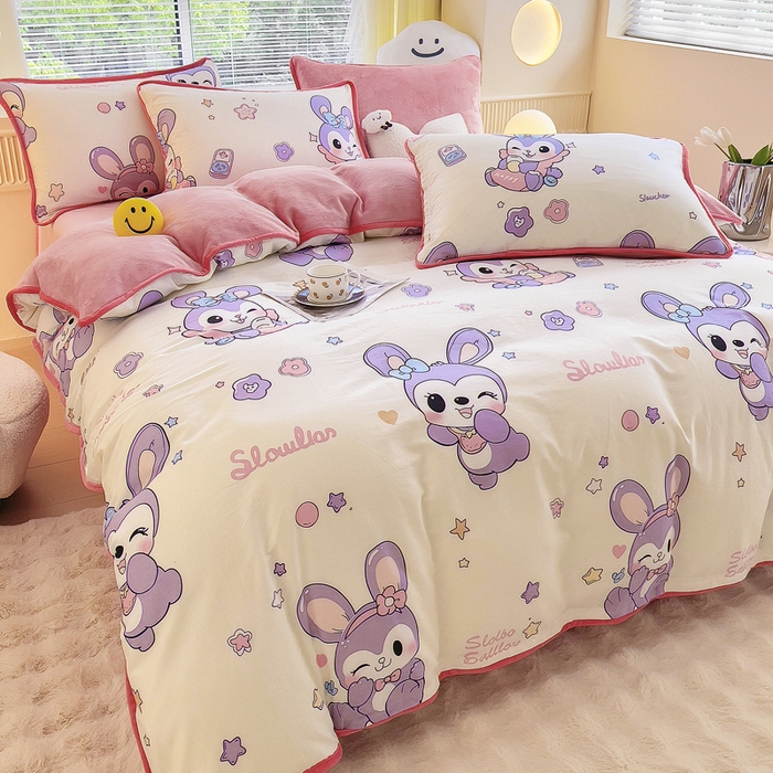 91家纺网 家纺一手货源 找家纺 2024新款全棉加牛奶绒四件套单被套系列-四件套 兔宝贝